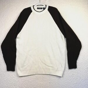 Koman Sport Sweater Mens 2XL White Brown Ribbed Knit Raglan Crewneck Pullover
